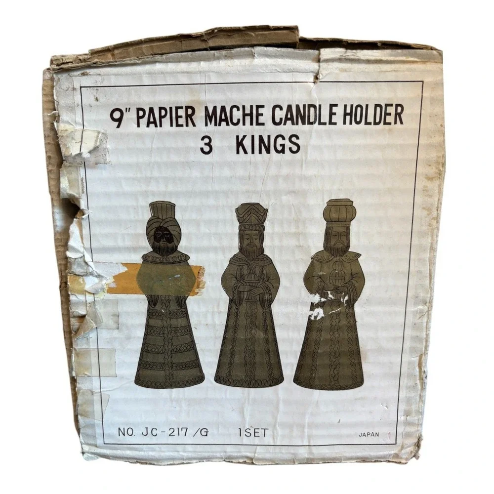 Vintage 9 Inch Papier Mache 3 Kings Candle Holder Set Gold Wise Men Japan JC-217